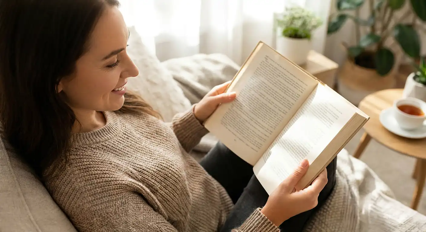 Soustředěná žena čtoucí knihu, symbol lepší koncentrace a mentálního výkonu